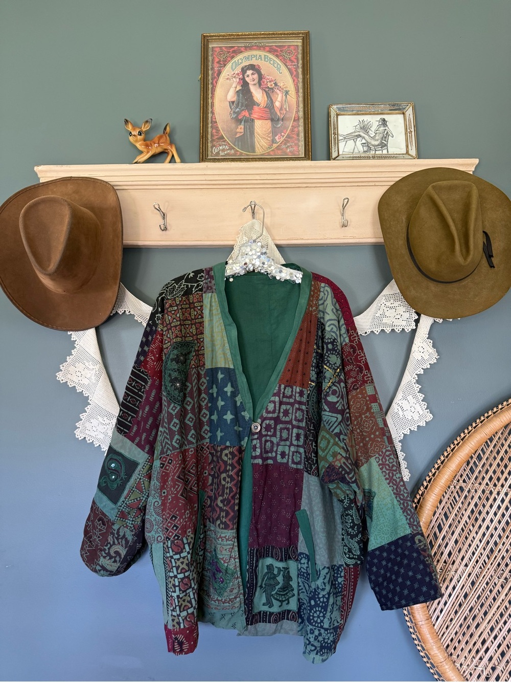 Handmade boho Vintage mirrored Patchwork Green Multicolor Women's Jacket OS